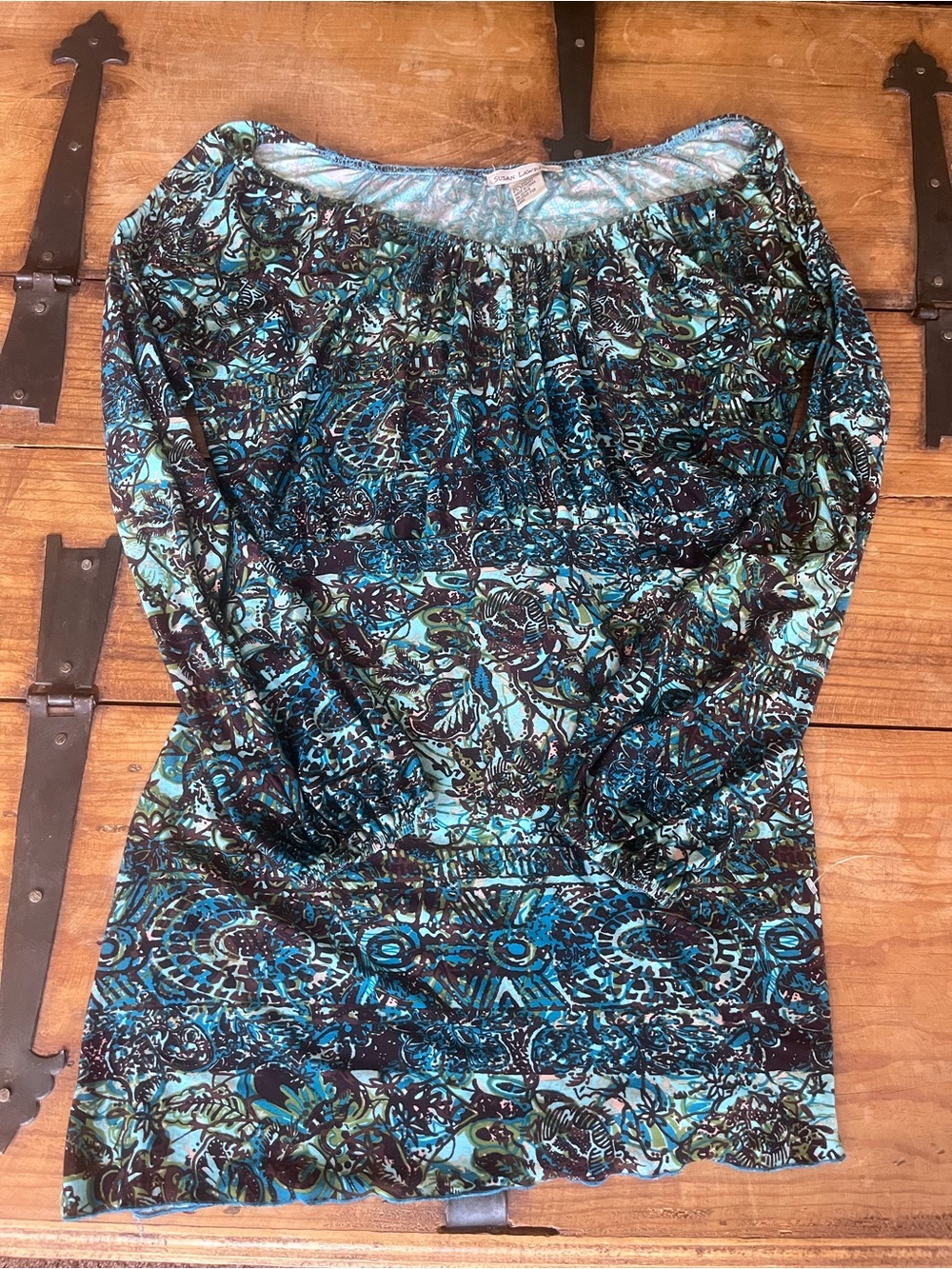 Susan Lawrence‎ Blue Green Black Floral Print Blouse